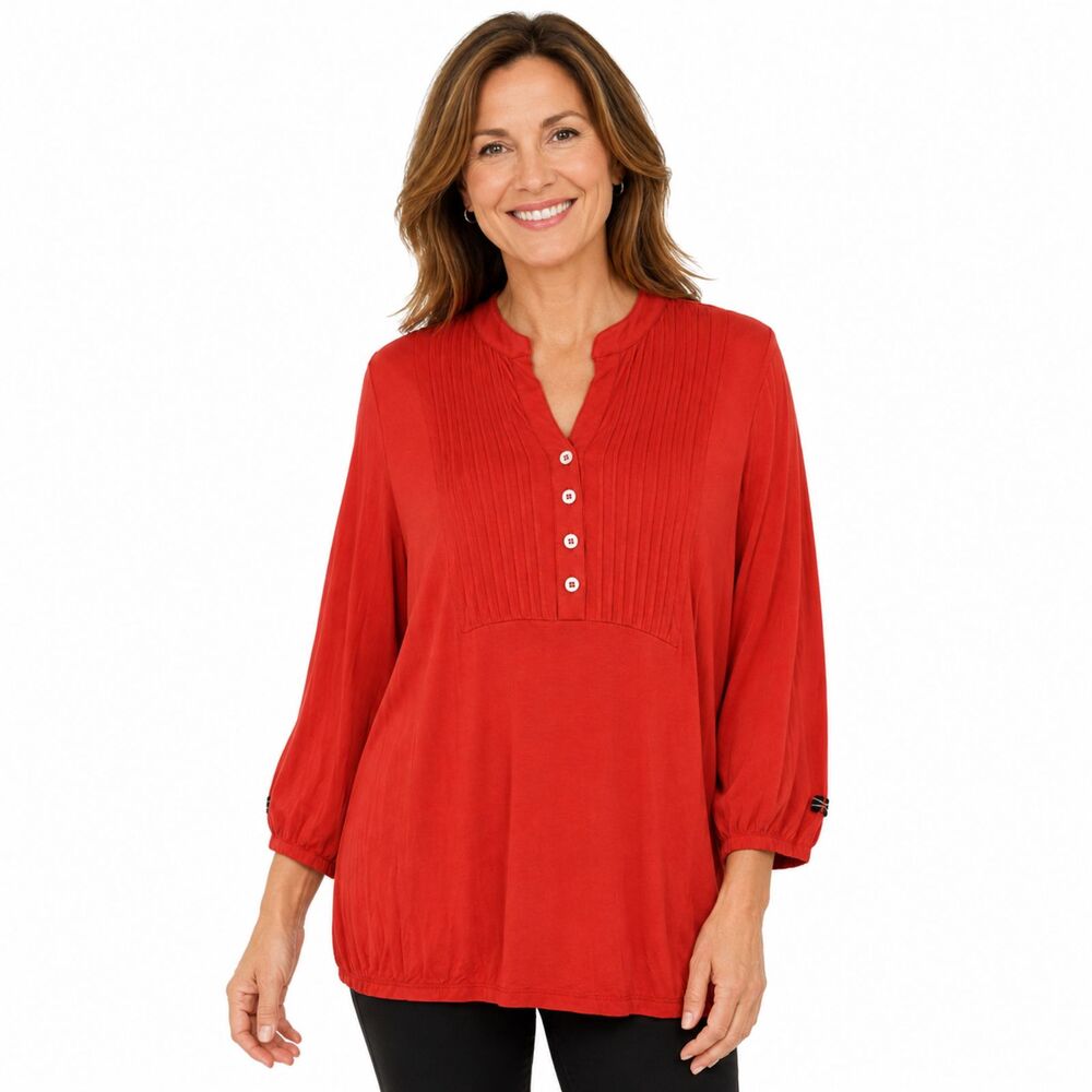 TravelSmith XL Red-Orange V-Neck Tucked Bib Front Long Knit Tunic Top